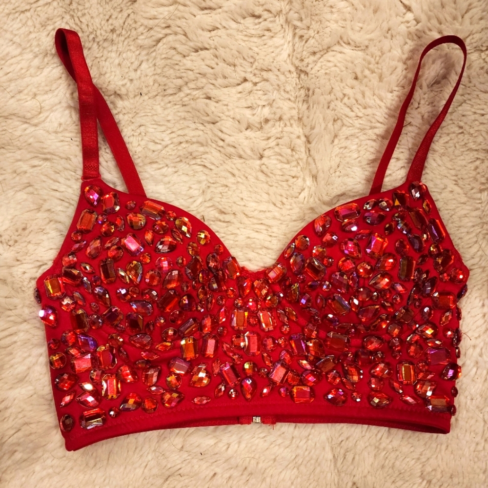 SOLD-RED CORSET CRYSTAL TOP